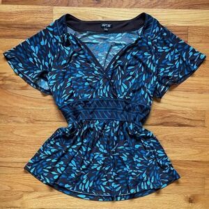 Y2k V-Neck Blue & Brown Top Empire Waist Size L Office Siren Apt 9